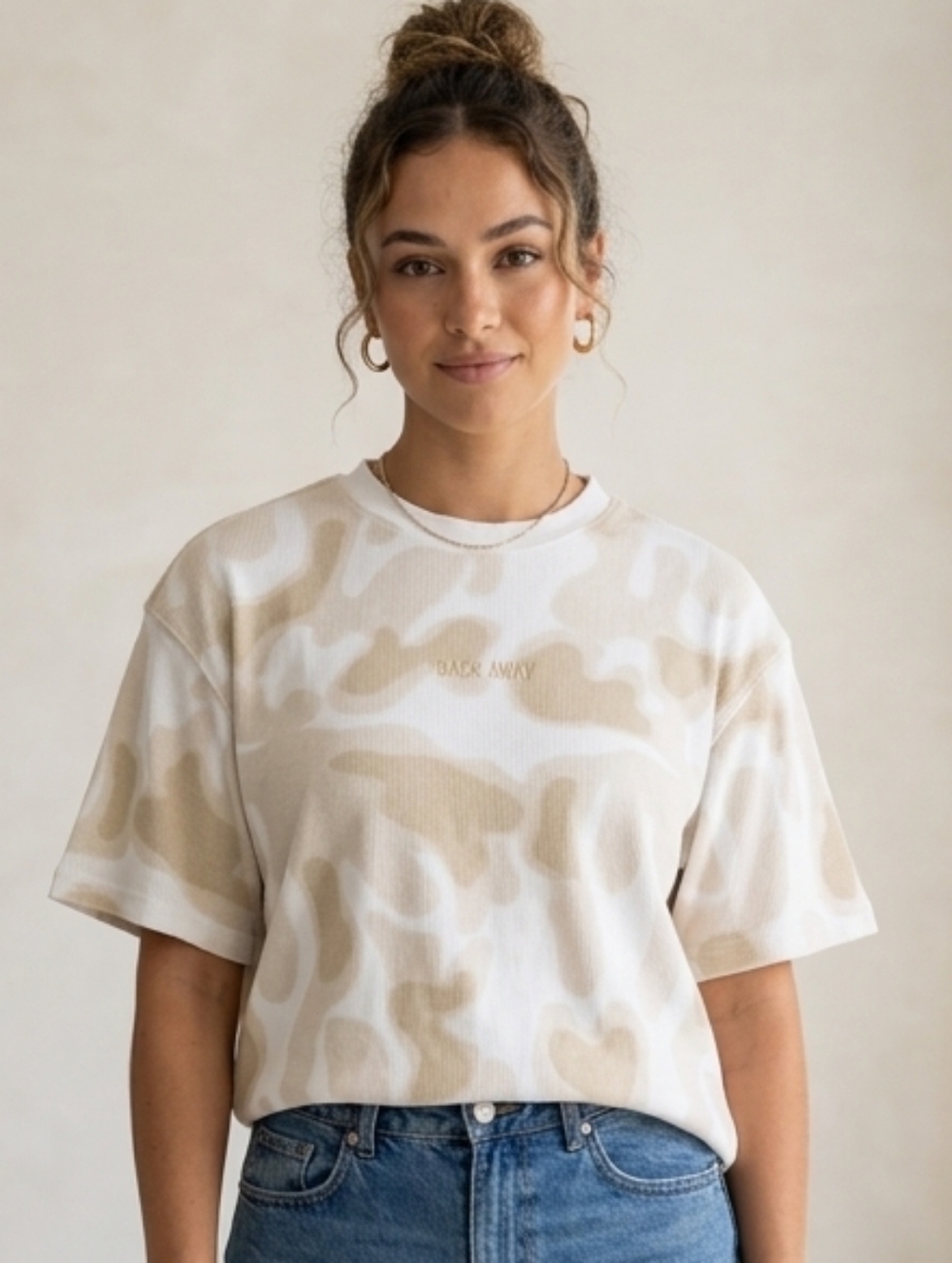 Nuon Neutral Camo "Back Away" Embroidery Women's Short-Sleeve Cotton Tee Sz XL